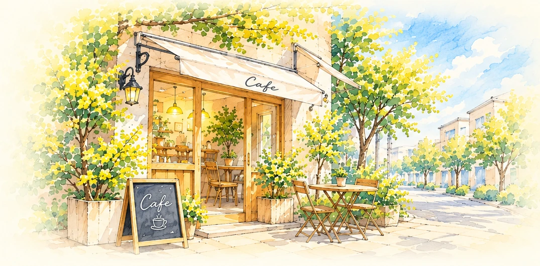 地域の小さなカフェをイメージした水彩デッサン