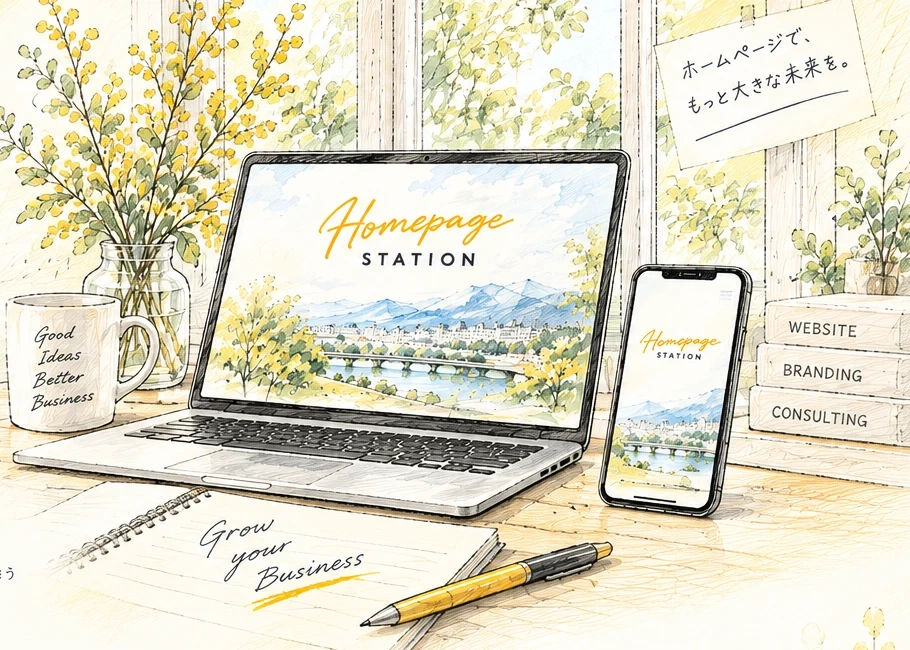 植物、パソコン、スマートフォン、ノートの水彩デッサン